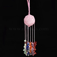 Round Natural Rose Quartz Pouch Pendant Decorations, Braided Thread and Gemstone Chip Tassel Hanging Ornaments, 210x30mm(PW-WG13235-11)