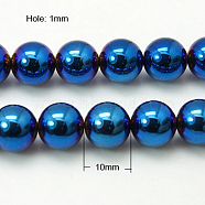 Non-Magnetic Synthetic Hematite Beads Strands, Blue Plated, Round, Blue Plated, 10mm, Hole: 1mm 39pcs/strand, 15.5 inch.(G-C019-10mm)