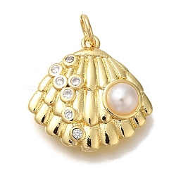 Rack Plating Brass Micro Pave Cubic Zirconia Pendants, with Glass Pearlized Beads, Cadmium Free & Lead Free, Long-Lasting Plated, Shell Shape, Real 18K Gold Plated, 18x18x5mm, Hole: 3mm(KK-I720-47G)