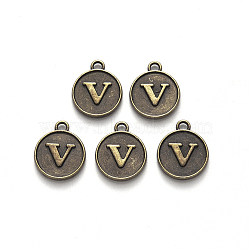 Alloy Pendant Cabochon Settings, For Enamel, Cadmium Free & Lead Free, Flat Round with Letter, Antique Bronze, Letter.V, 14x12x2mm, Hole: 1.5mm(PALLOY-N156-01V-AB)