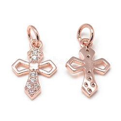 DIY Brass Micro Pave Cubic Zirconia Charms, Cross, Rose Gold, 14.5x9.5x2mm, Hole: 3.5mm(DIY-S030-67RG)