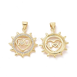Brass Micro Pave Clear Cubic Zirconia Pendants, Sun with Heart & Word I Love You Charms, Golden, 24x21x3.5mm, Hole: 3x4mm(ZIRC-F134-17G)