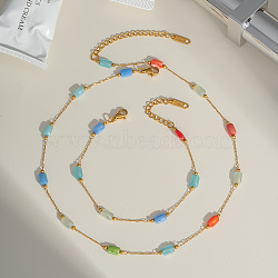Stainless Steel Glass Rectangle Link Chain Bracelets & Necklaces Sets for Women, Colorful(HD8734-1)