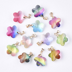 Rainbow K9 Glass Pendants, with Brass Findings, Faceted, Flower, Golden, Mixed Color, 16x16.5x8mm, Hole: 4x3.5mm(GLAA-S180-14)