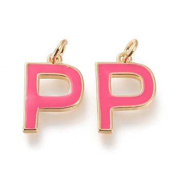 Brass Enamel Pendants, with Jump Ring, Long-Lasting Plated, Real 18K Gold Plated, Letter.P, Hot Pink, Letter.P, P: 17x11.5x1.8mm, Jump Rings: Inner Diameter: 3mm