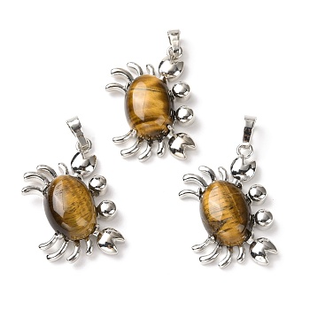 Natural Tiger Eye Pendants, with Platinum Plated Brass Findings, Cadmium Free & Lead Free, Crab, 33x22x8.5mm, Hole: 8x5mm