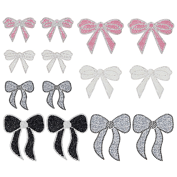 14Pcs 7 Styles Bowknot Rhinestone with Plastic Pearl Cloth Patches, Iron on Patches, Rhinestone Trimming, Mixed Color, 48~97x58~92x2~3mm, 2pcs/style