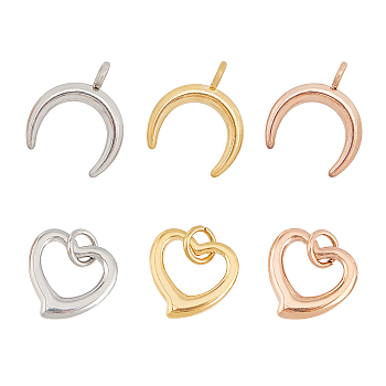 CHGCRAFT 24Pcs 3 Colors 2 Style 304 Stainless Steel Pendants, Double Horn/Crescent Moon & Heart, Mixed Color, 4pcs/style