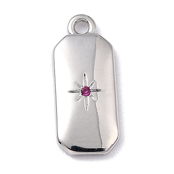 Brass Micro Pave Cubic Zirconia Charms, Long-Lasting Plated, Octagon with Star, Fuchsia, 14x6x1.5mm, Hole: 1.2mm