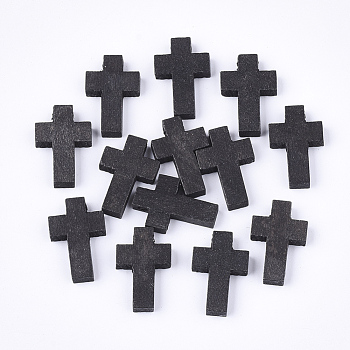 Wooden Pendants, Dyed, Cross, Black, 21~22x14~15x4~5mm, Hole: 1.8mm