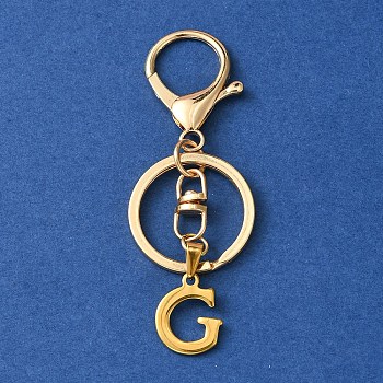 304 Stainless Steel Initial Letter Charm Keychains, with Alloy Clasp, Golden, Letter G, 8.5cm