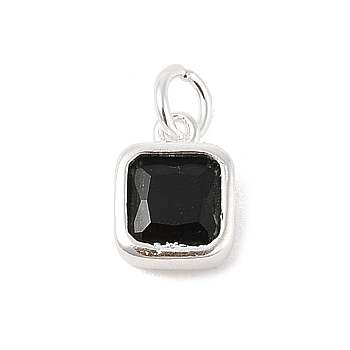 925 Sterling Silver Pave Cubic Zirconia Square Charms with Jump Rings and 925 Stamp, Silver Color Plated, Black, 8.5x6.5x3.5mm, Hole: 2.5mm