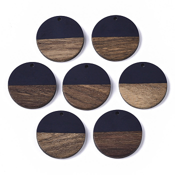 Resin & Wood Pendants, Flat Round, Prussian Blue, 28.5x3.5~4mm, Hole: 1.5mm