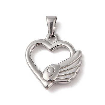 Non-Tarnish 304 Stainless Steel Pendants, Heart with Wing Charm, Stainless Steel Color, 23.5x21.5x4.5mm, Hole: 5.5x3mm