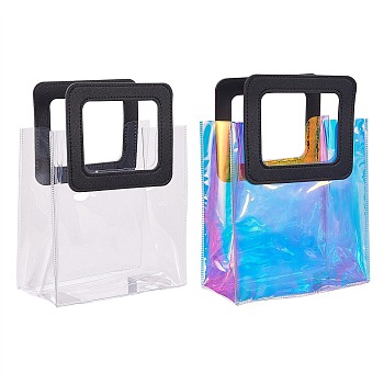 2 Colors PVC Laser Transparent Bag, Tote Bag, with PU Leather Handles, for Gift or Present Packaging, Rectangle, Black, Finished Product: 25.5x18x10cm, 1pc/color, 2pcs/set