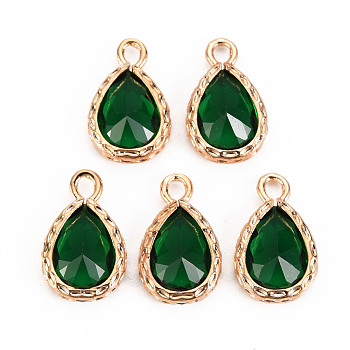 Glass Pendants, with Brass Findings, Faceted, Teardrop, Light Gold, Green, 15x9x4.5mm, Hole: 1.8~2mm