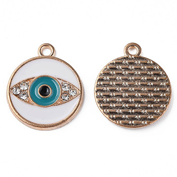 Alloy Enamel Pendants, with Crystal Rhinestone, Cadmium Free & Lead Free, Light Gold, Flat Round with Eye, Dark Turquoise, 18.5x16x1.5mm, Hole: 1.6mm