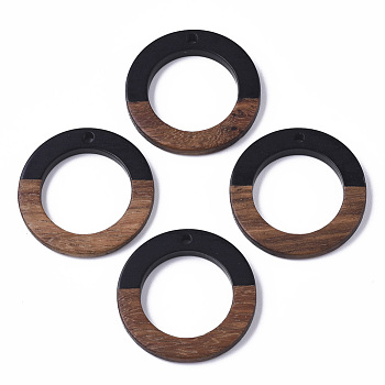 Resin & Walnut Wood Pendants, Opaque, Waxed, Ring, Black, 28x3.5mm, Hole: 2mm