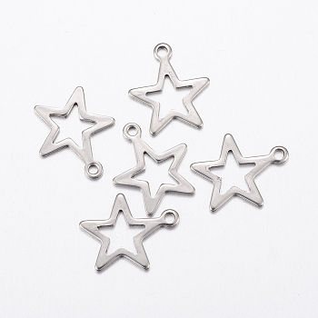 304 Stainless Steel Charms, Hollow Star, Stainless Steel Color, 14.5x12.5x0.8mm, Hole: 1.2mm