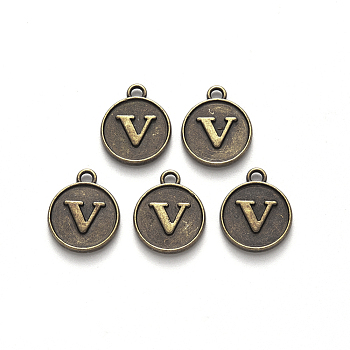 Alloy Pendant Cabochon Settings, For Enamel, Cadmium Free & Lead Free, Flat Round with Letter, Antique Bronze, Letter.V, 14x12x2mm, Hole: 1.5mm