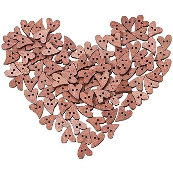 Heart Shaped Paint Buttons, Wooden Buttons, 2-Hole, Sienna, 20x16mm, Hole:2mm, about 100pcs/bag, 1bag/box, Plastic Bead Container: 16.5x8.5x1.6cm