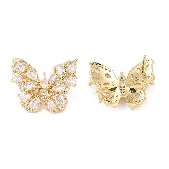 Rack Plating Brass with Cubic Zirconia Stud Earrings for Women, Cadmium Free & Lead Free, Long-Lasting Plated, Real 18K Gold Plated, Butterfly, Clear, 20x25mm