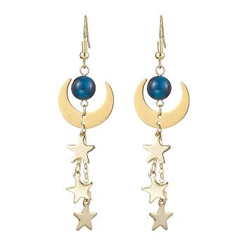 Brass Dangle Earring, with Natural Tiger Eye and 304 Stainless Steel Charms, Moon & Star, Golden, 74.5x19.5mm