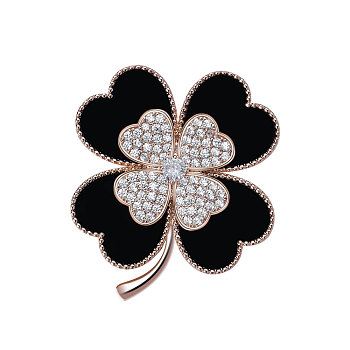Cubic Zirconia Clover Brooch Pin, Gold Plated Brass Badge for Jackets Hats Bags, Black, 40x35mm