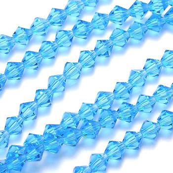 Faceted Imitation Austrian Crystal Bead Strands, Grade AAA, Bicone, Sky Blue, 8x8mm, Hole: 0.9~1mm, about 50pcs/strand, 15.7 inch