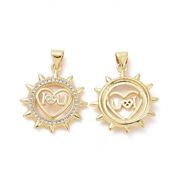 Brass Micro Pave Clear Cubic Zirconia Pendants, Sun with Heart & Word I Love You Charms, Golden, 24x21x3.5mm, Hole: 3x4mm
