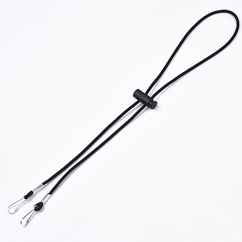 Adjustable Elastic Cord Lanyard Strap, Ear Holder Rope, with Iron Keychain Clasps and Plastic Cord Lock, Black, 62x3mm, Clasp: 22.5x7.5x2mm,  Cord Lock: 25x9mm