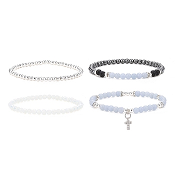 4Pcs 4 Style Natural Angelite & Lava Rock & Opalite Round Beaded Stretch Bracelets Set, Clear Cubic Zirconia Cross Charm Stackable Bracelets for Women, Mixed Color, Inner Diameter: 2~2-1/4 inch(5.05~5.6cm), 1Pc/style