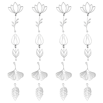 DICOSMETIC 16Pcs 4 Style 201 Stainless Steel Pendants, Laser Cut, Leaf, Stainless Steel Color, 6~25x10~21.5x1, hole: 1.2~1.5mm, 4pcs/style