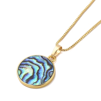 Rack Plating Natural Paua Shell Pendants Necklace, Brass Box Chain Necklaces, Flat Round, 17.72 inch(45cm), Pendant: 20.5~22x18mm