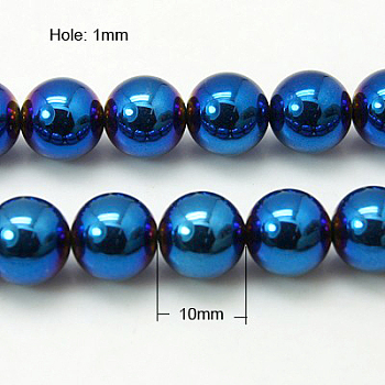 Non-Magnetic Synthetic Hematite Beads Strands, Blue Plated, Round, Blue Plated, 10mm, Hole: 1mm 39pcs/strand, 15.5 inch.