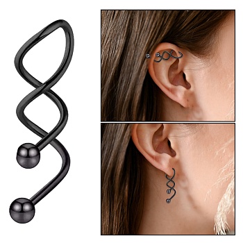 316 Stainless Steel Spiral Barbell, Twist Cartilage Earring for Women, Electrophoresis Black, 37~25x6.5mm, Pin: 14 Gauge(1.63mm), Bead: 5mm Diameter