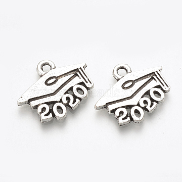 Tibetan Style Alloy Pendants, Graduation Trencher Cap with New Year 2020, Lead Free & Cadmium Free, Antique Silver, 15x18x1.5mm, Hole: 1.5mm(X-TIBE-T010-28AS-RS)