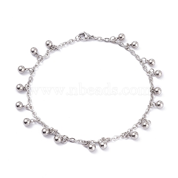 304 Stainless Steel Charm Anklets, with Cable Chains, Round Ball, Stainless Steel Color, 10 inch(25.3cm)(AJEW-I295-01P)