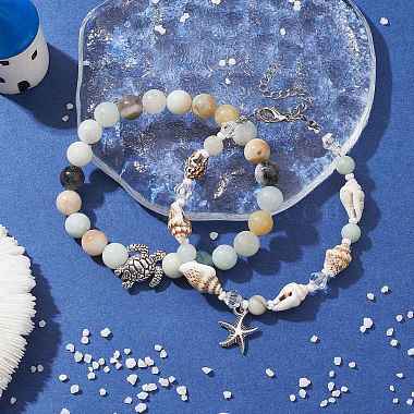 2Pcs 2 Style Natural Amazonite & Glass & Shell Stretch Bracelets with Tortoise(BJEW-JB10091-01)-5