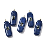 Natural Dyed Sesame Jasper Imitation Lapis Lazuli Pendants, Rectangle Charms with Brass Pave Green Cubic Zirconia Findings, Cadmium Free & Lead Free, Rack Plating, Long-Lasting Plated, Real 18K Gold Plated, 35x12x7mm, Hole: 2.3mm(KK-Z137-04G)