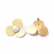 Flower Ion Plating(IP) 304 Stainless Steel Stud Earrings, Plastic Imitation Pearl Earrings for Women, Golden, 36x37.5mm, Pin: 0.8mm(EJEW-C017-10G)