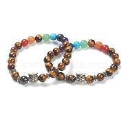 Chakra Jewelry, Round Natural Tiger Eye & Gemstone Stretch Beaded Bracelets, with Alloy Owl Beads, Antique Silver, Inner Diameter: 2-3/8 inch(6cm)(AJEW-I059-12G)