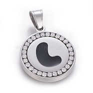 304 Stainless Steel Enamel Pendants, with Cubic Zirconia, Flat Round with Letter, Stainless Steel Color, Clear, Letter.L, 29x25x3mm, Hole: 5.5x8.5mm(STAS-E439-90L-P)