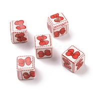 Opaque Printed Acrylic Beads, Cube with Bowknot Pattern, Red, 13.5x13.5x13.5mm, Hole: 3.8mm(MACR-C007-01A)