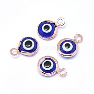 Handmade Evil Eye Lampwork Charms, with Brass Findings, Flat Round, Blue, Real Rose Gold Plated, 10x6.5x3mm, Hole: 1.5mm(KK-F764-13RG-04)