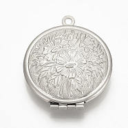 201 Stainless Steel Locket Pendants, Photo Frame Charms, Flat Round with Flower, Stainless Steel Color, 32x27x6.5mm, Hole: 1.5mm, inner measure: 19mm(X-STAS-S076-33)