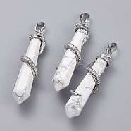 Natural Howlite Big Pointed Pendants, with Platinum Plated Brass Bails, Faceted, Bullet with Snake, 59~61.5x11~12x11~12mm, Hole: 5x8mm(G-F696-B14)