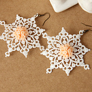 Dangle Earrings, Lace, with Resin Flower and Alloy Hooks, Snowflake, Antique Bronze, PeachPuff, 75mm(X-EJEW-N0024-034)