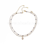 Natural White Jade & Crystal Beaded Necklaces, Brass Micro Pave Cubic Zirconia Charm Necklace Sets, for Woman, Golden, 14-1/4~15-3/4 inch(36.1~40.2cm), 2pcs/set(NJEW-JN04137)
