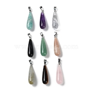 Natural Mixed Stone Teardrop Pendants, with Ion Plating(IP) Platinum Plated Brass Findings, 26.5x7.5mm, Hole: 4.3x3.5mm(G-Q005-03P)